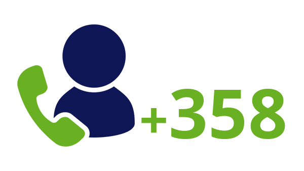 Landnummer Finland +358 - donkerblauw pictogram persoon - groene telefoon - groen landnummer - op transparante achtergrond - 600 * 337 pixels 